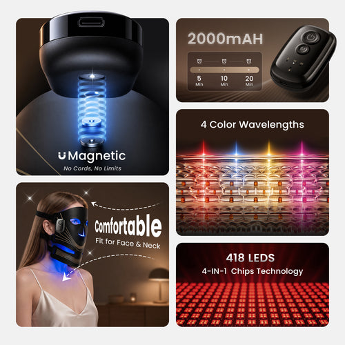 BERLIY Red Light Therapy Face & Neck Mask – Cordless LED Light Therapy Mask with 4 Modes