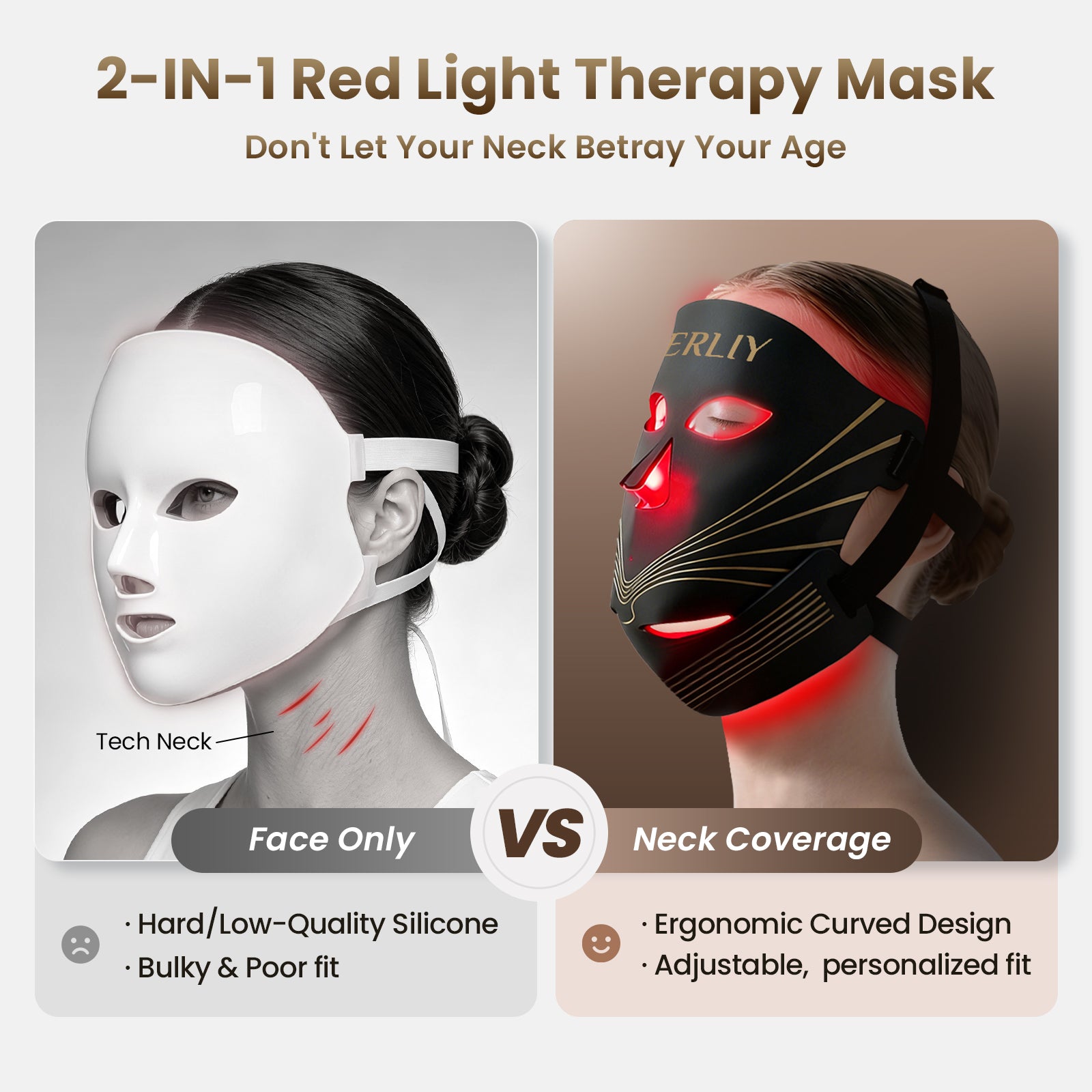 BERLIY Red Light Therapy Face & Neck Mask – Cordless LED Light Therapy Mask with 4 Modes