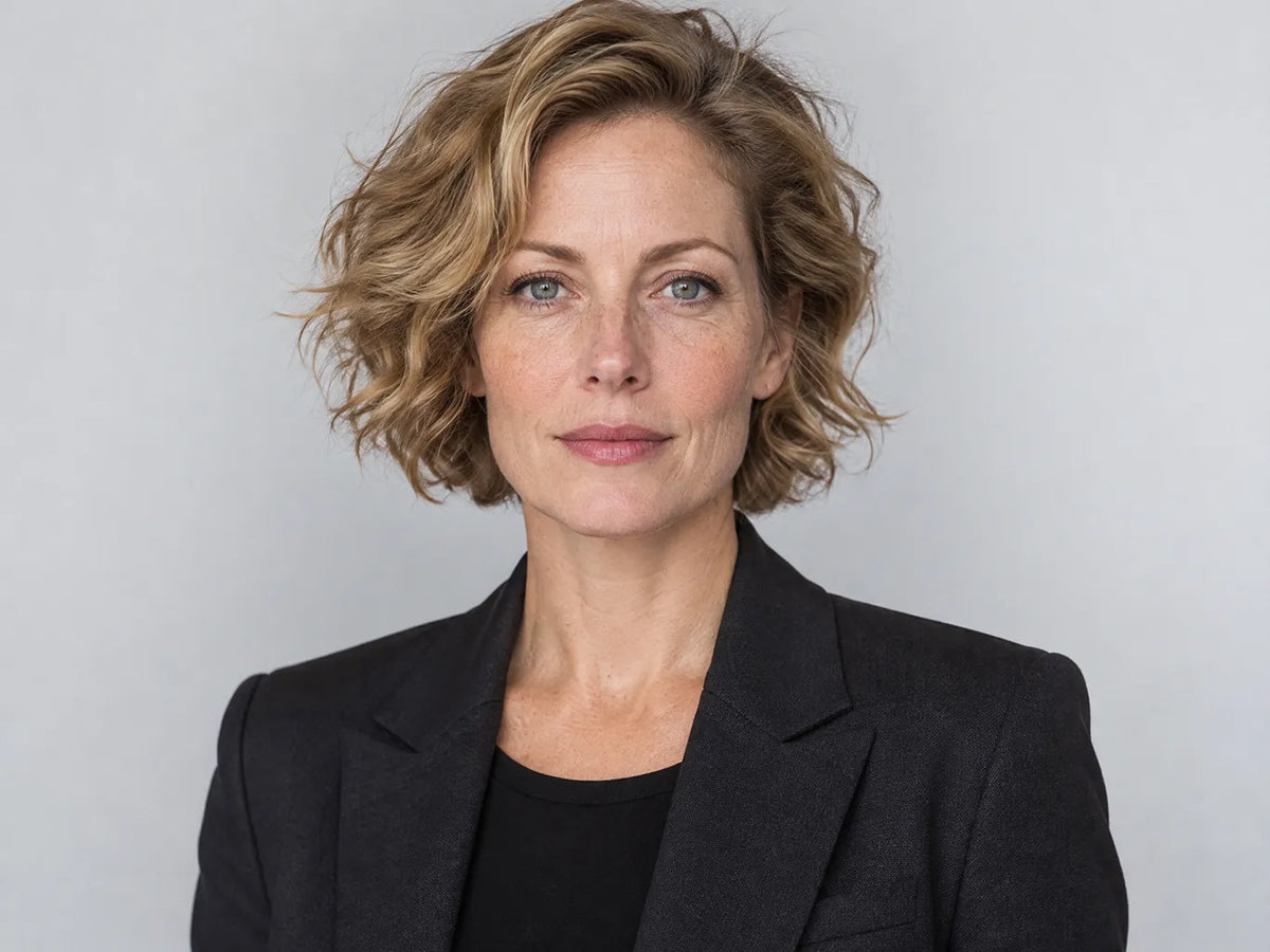 Portrait of a woman in a black jacket on the BERLIY brand values page.