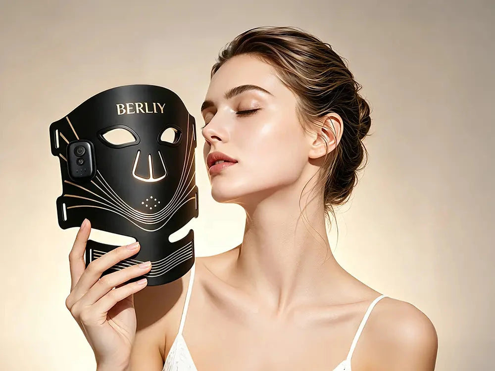 Woman holding the black BERLIY face and neck light therapy mask beside her face.