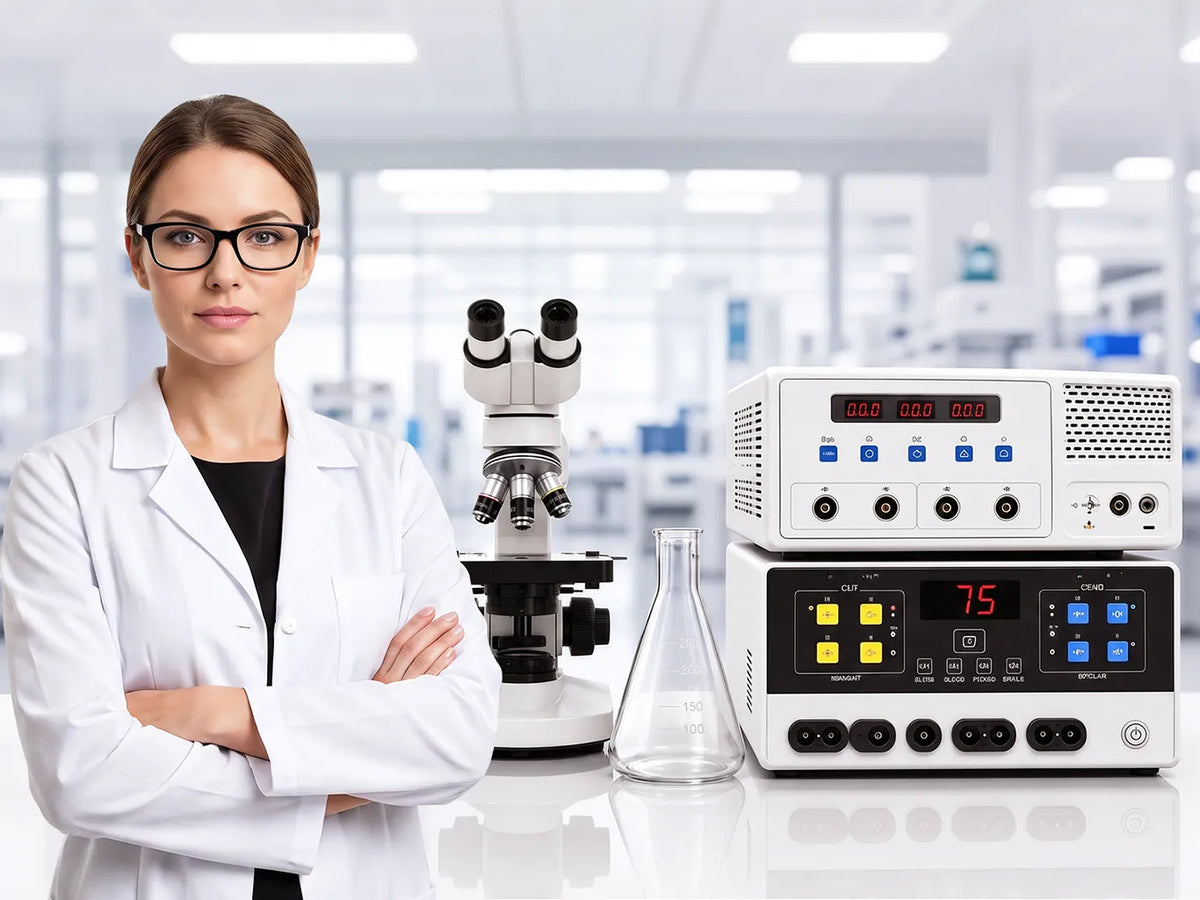 Woman in a laboratory beside a microscope and electronic testing equipment.