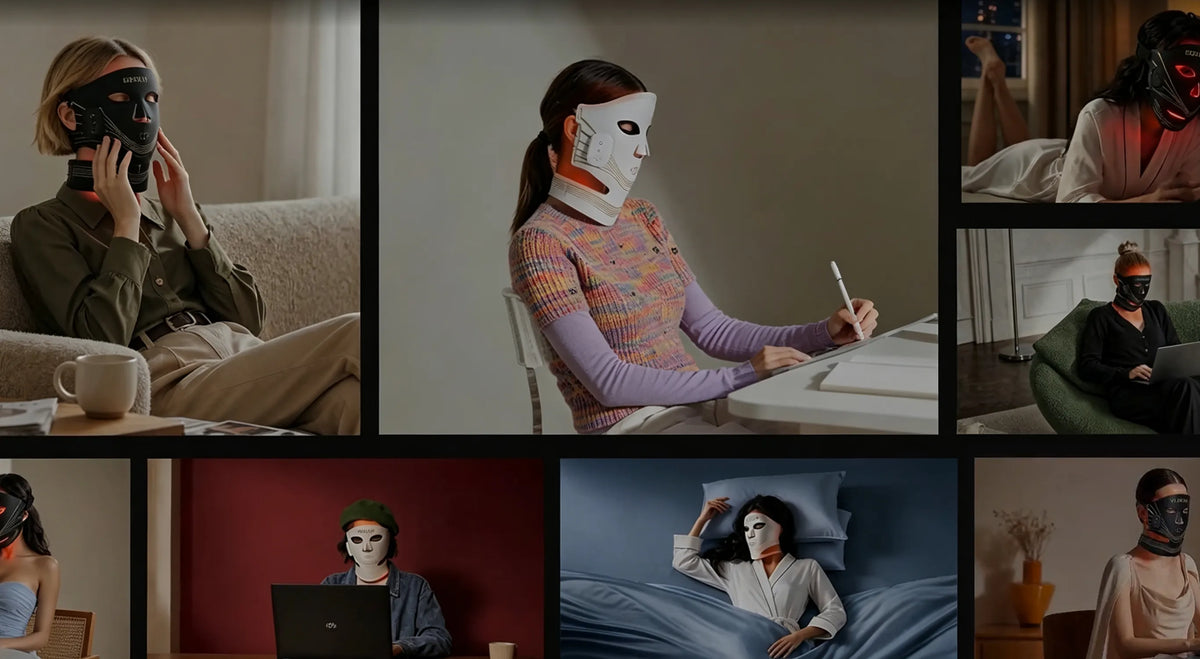 Video preview showing people using BERLIY LED masks while working, resting and relaxing at home.