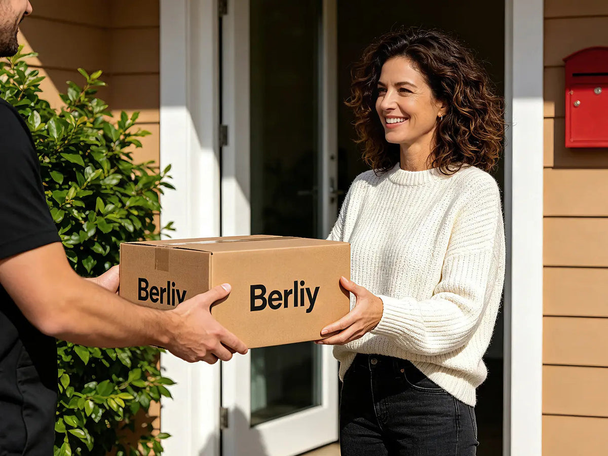 Woman receiving a BERLIY package at her front door.