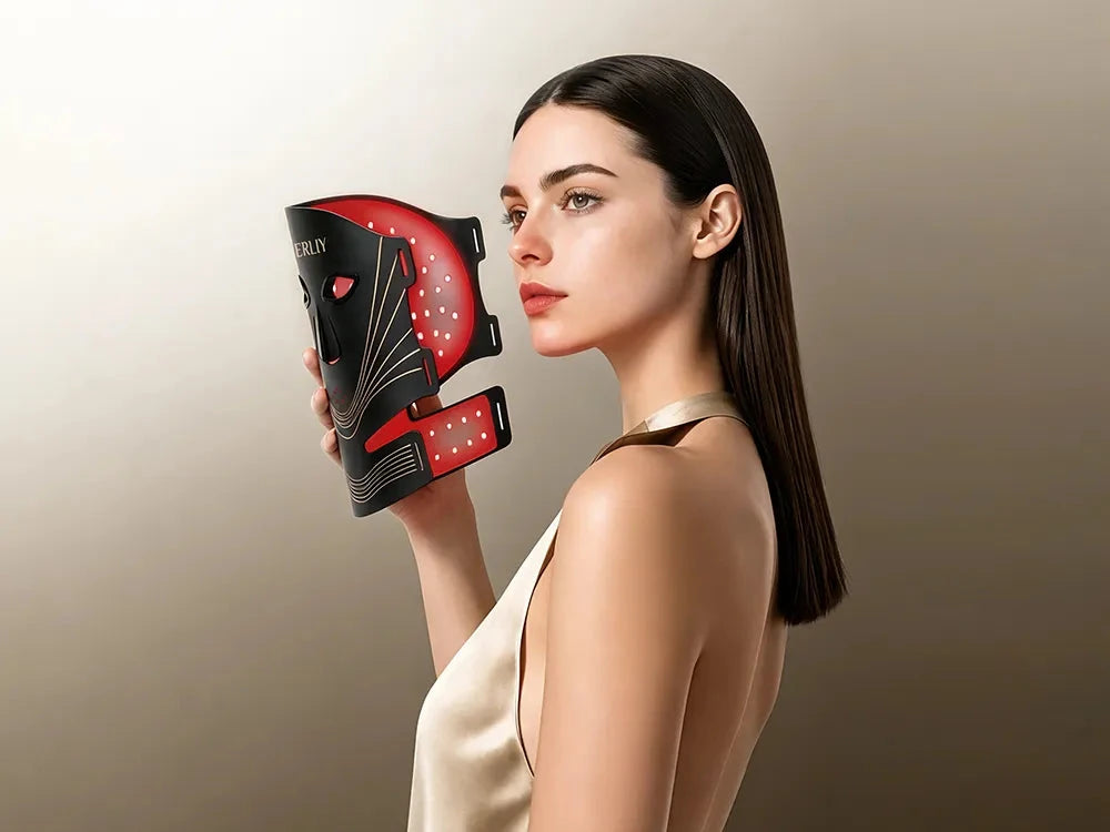 Woman holding the BERLIY face and neck mask with its illuminated red LED panels facing her skin.